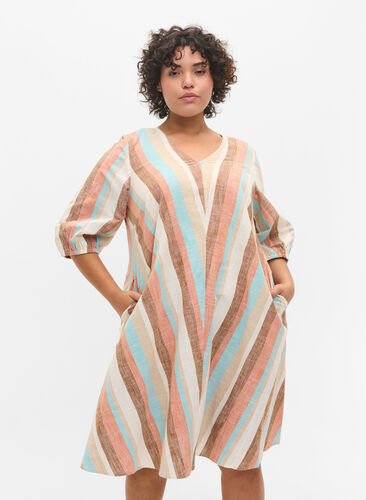 Striped cotton A shape dress, Multi Stripe, Model image number 0