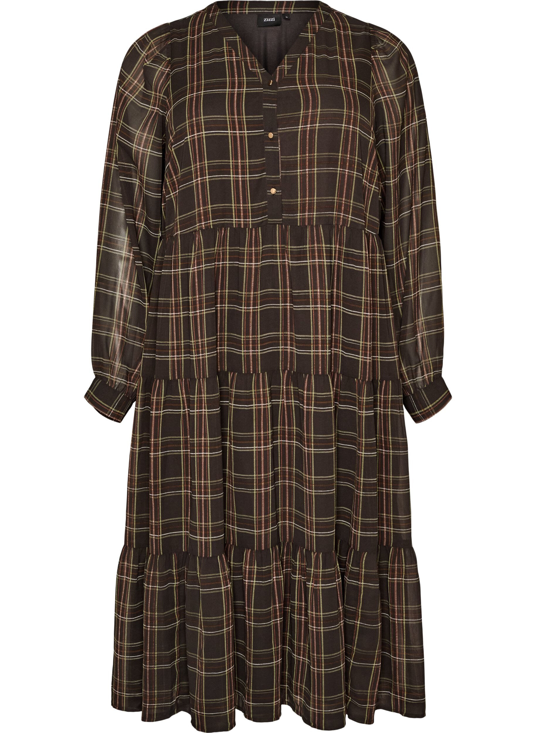ZizzifashionChecked midi dress with a tiered skirt, Brown, Packshot image number 0