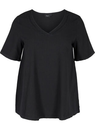 Short-sleeved blouse in cotton, Black, Packshot image number 0