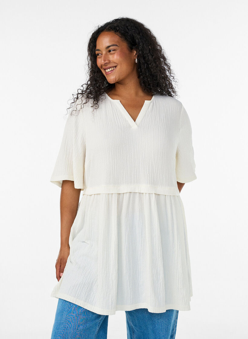 Tunic with crinkled texture and 1/2 sleeves, Vanilla, Model image number 0