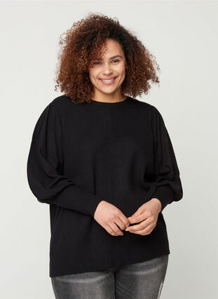 Knitted top with round neck and balloon sleeves , Black, Model image number 0
