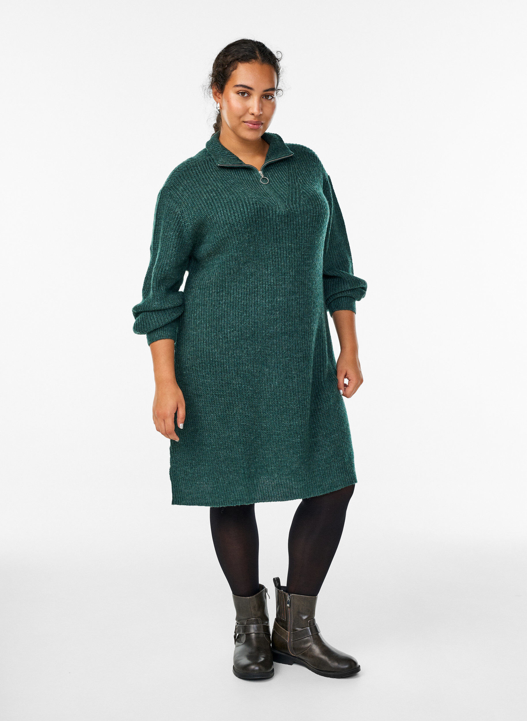 Zizzifashion FLASH - Short knit dress with high neck, Green, Model image number 1