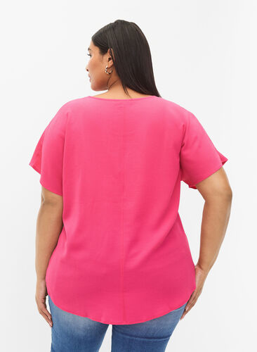 Short sleeved blouse with round neckline, Raspberry Sorbet, Model image number 1