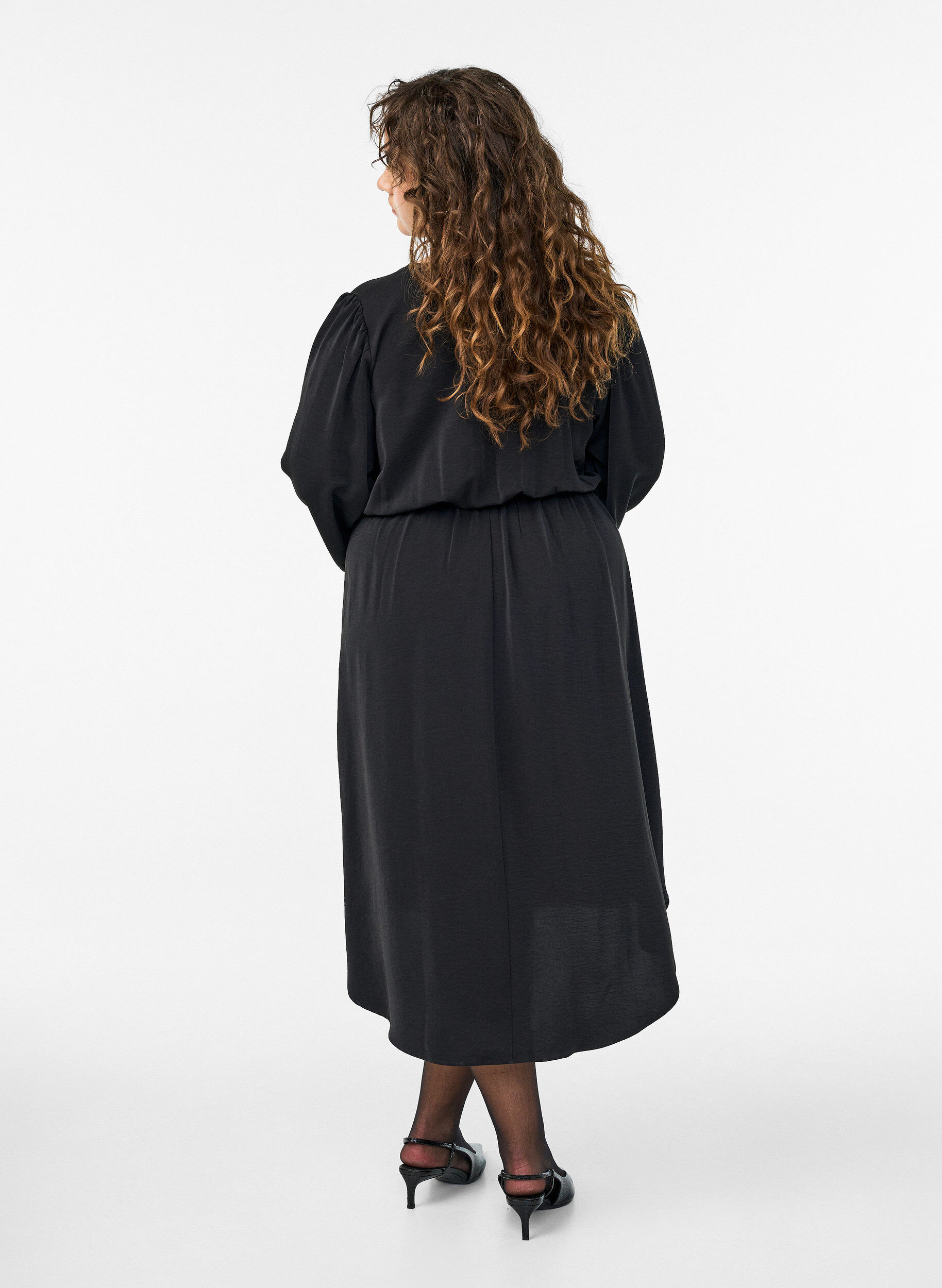 Zizzifashion Midi dress with wrap-look and smock sleeves, Black, Model image number 2