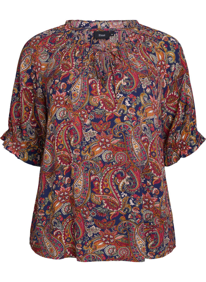 Viscose blouse with paisley print and elbow length sleeves, Blue, Packshot image number 0