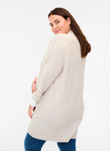 Long knitted cardigan with large pockets, Pumice Stone Mel, Model image number 1