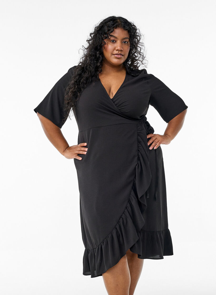 Solid coloured wrap dress with short sleeves, Black, Model image number 0