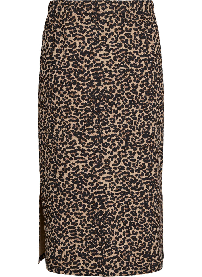 Midi skirt with slit and leopard print, Brown, Packshot image number 1
