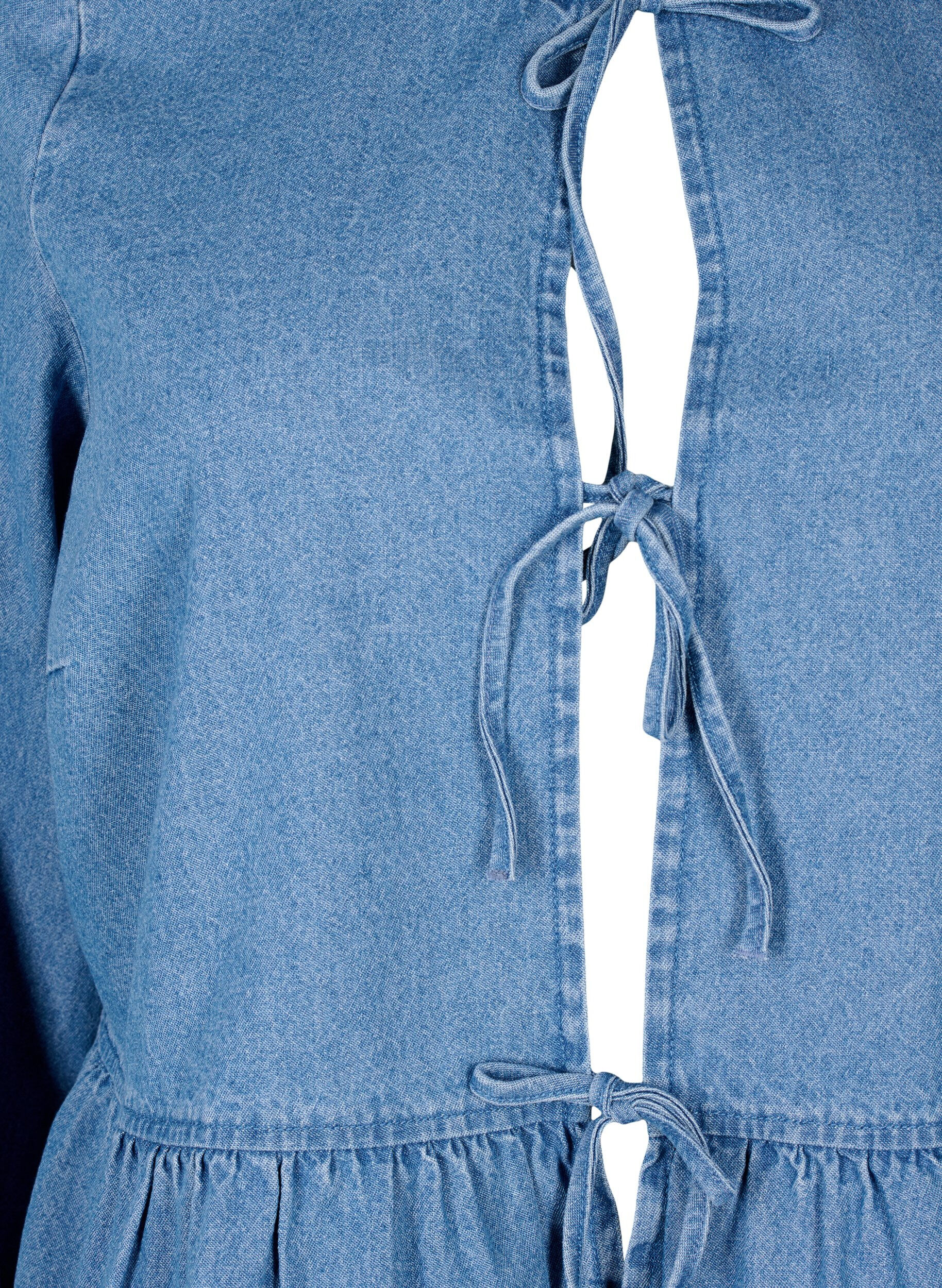 Zizzifashion Denim peplum blouse with tie fastening, Light Blue Denim, Packshot image number 2