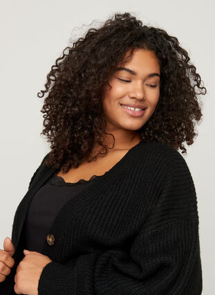 Short rib-knitted cardigan with a V-neckline, Black, Model image number 2