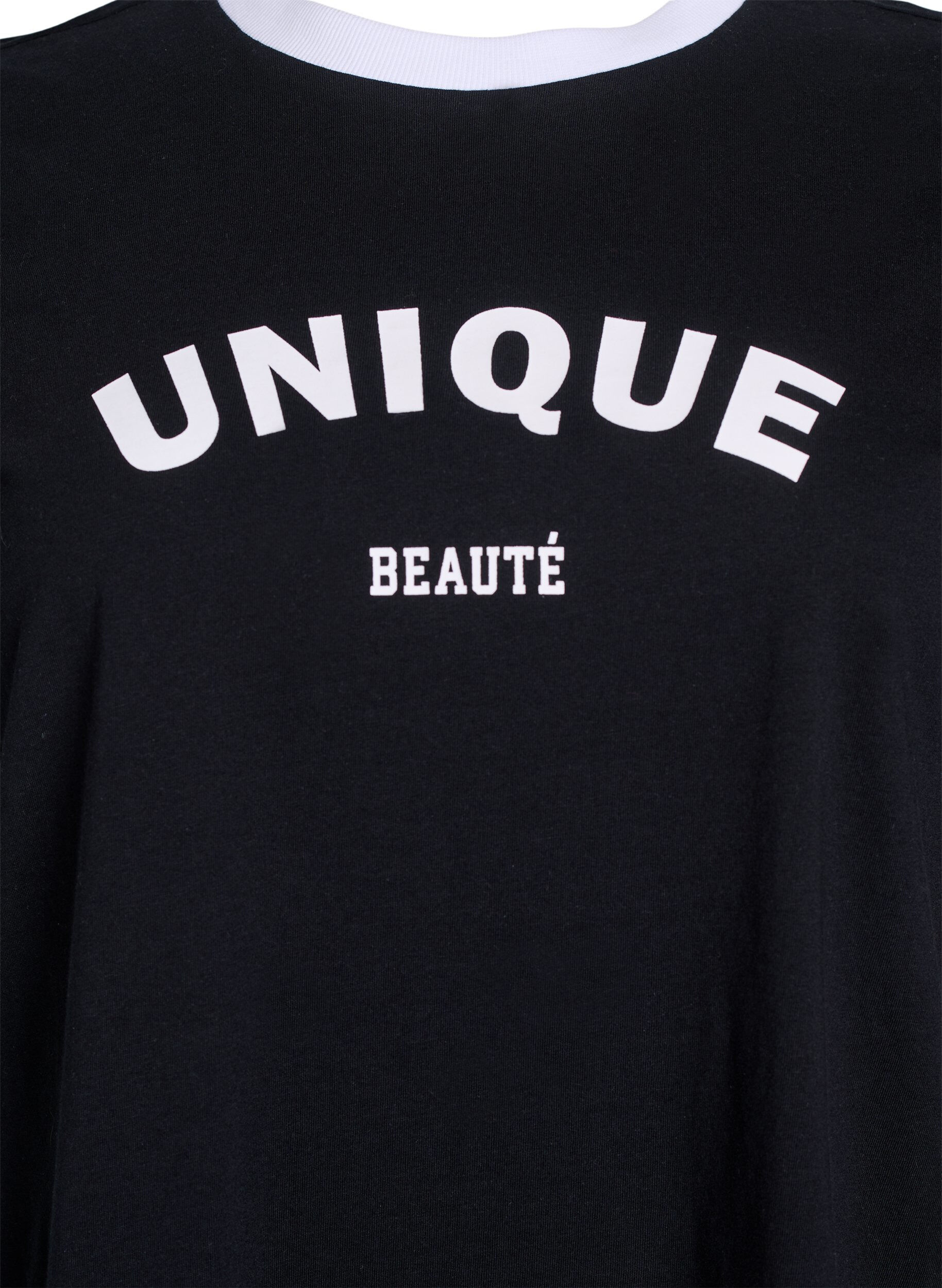 Zizzifashion T-shirt with text print and contrast trim, Black, Packshot image number 2