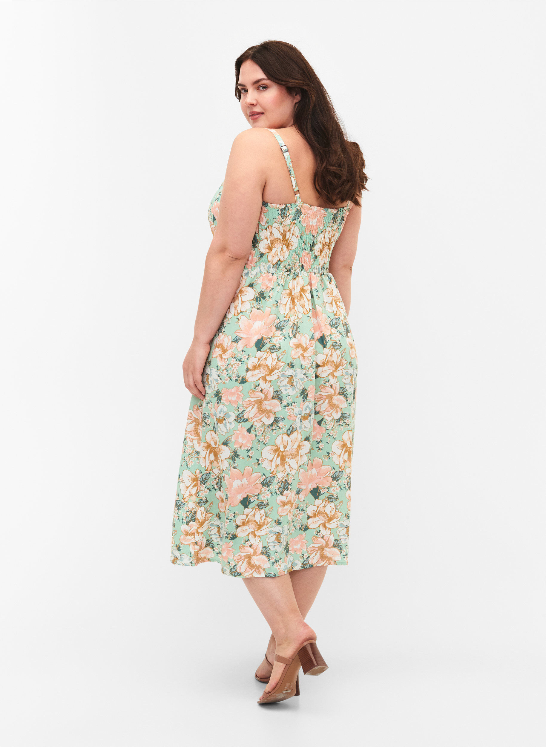 Zizzifashion Floral viscose strap dress with smocking, Green Flower, Model image number 1