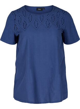 Short-sleeved t-shirt with broderie anglaise, Twilight Blue, Packshot image number 0