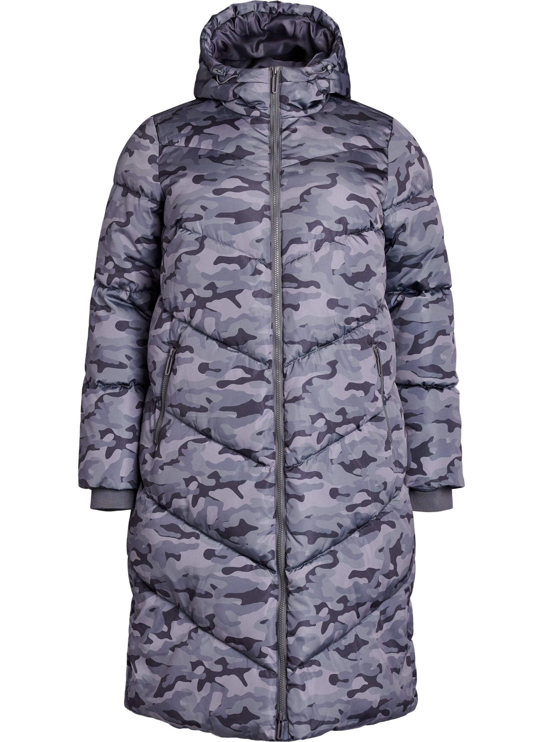 Long camouflage puffer jacket