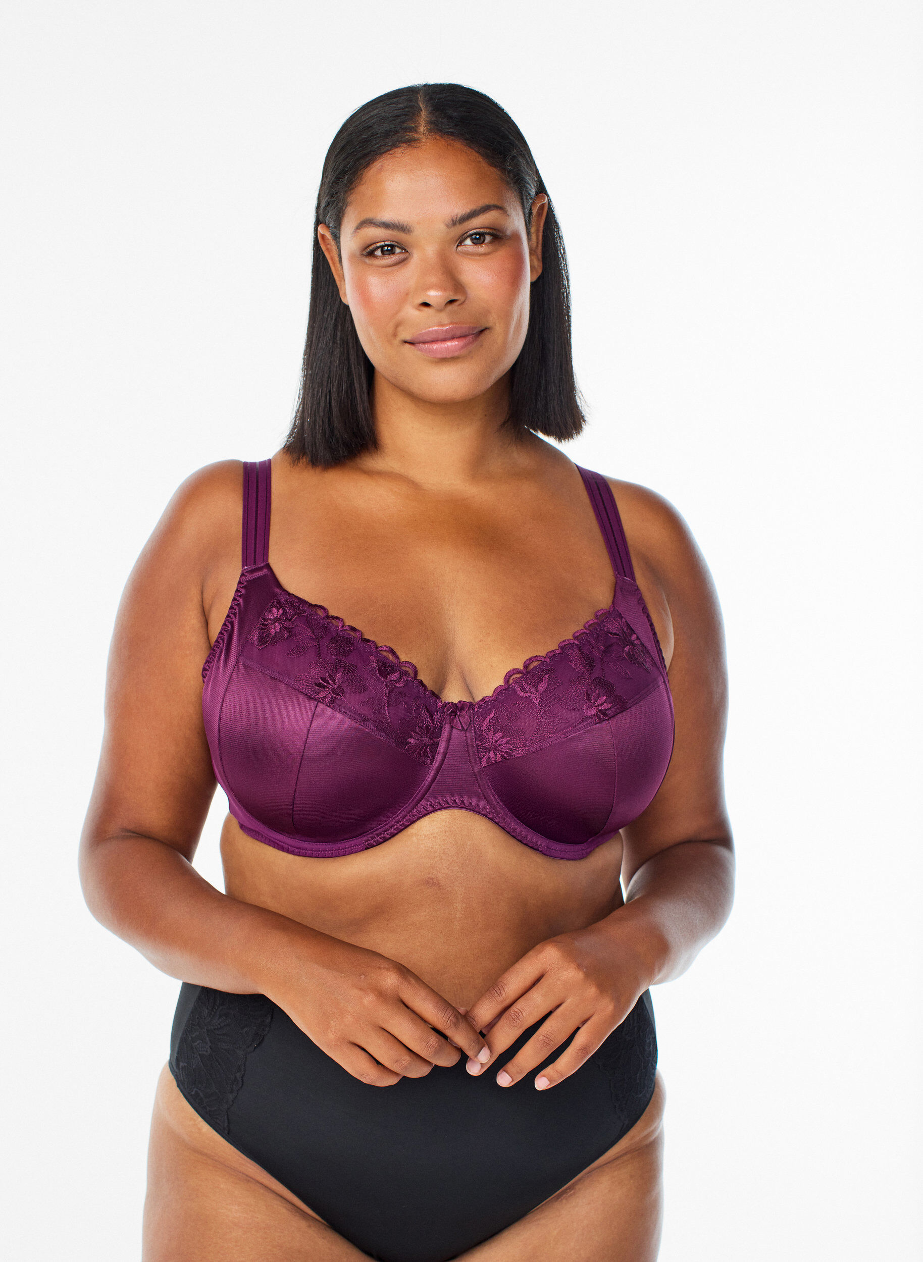 Zizzifashion Full cover high support bra with lace detail, Purple, Model image number 3