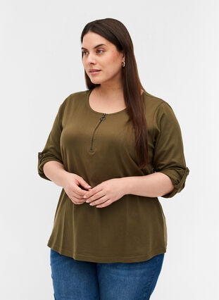 Cotton blouse with a zip detail, Ivy Green, Model image number 0