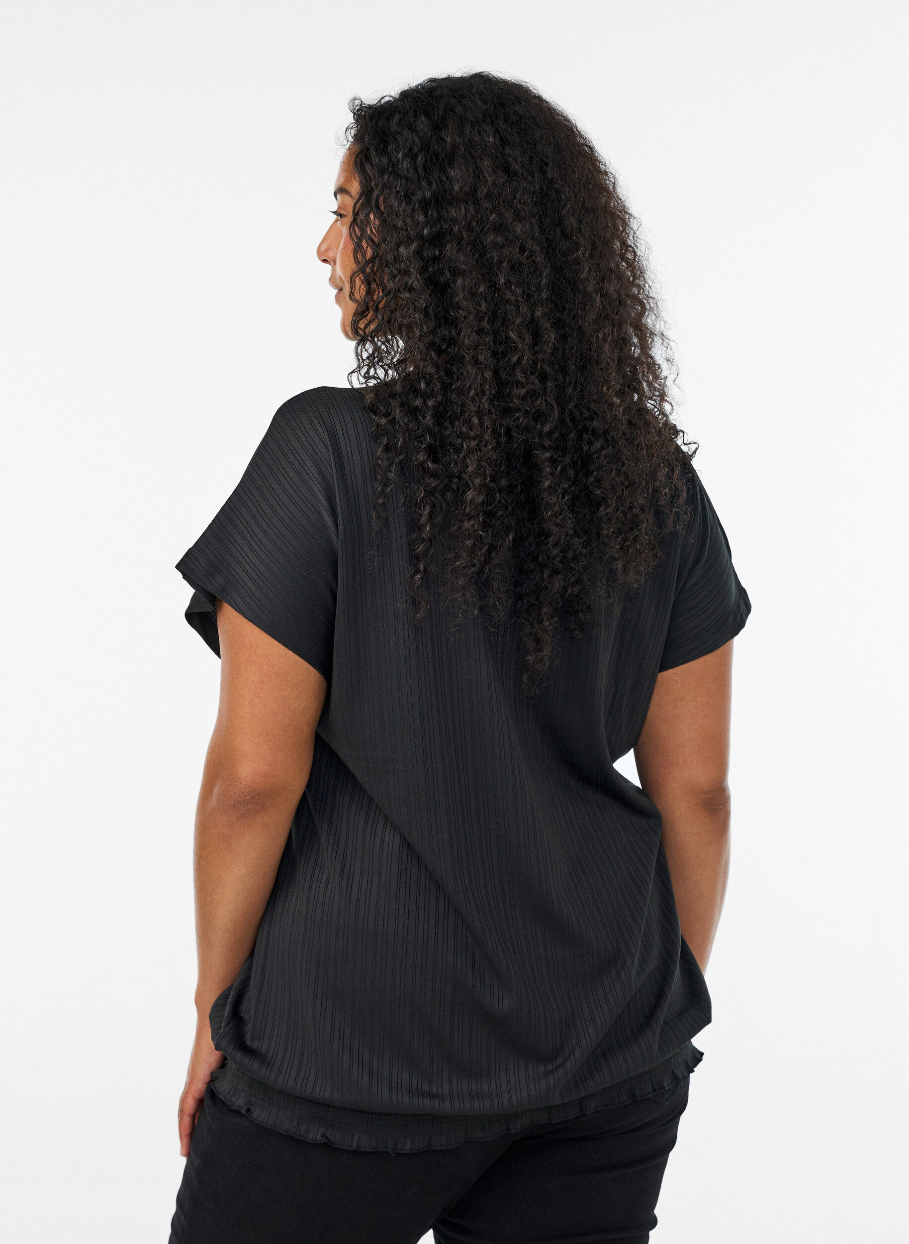 Zizzifashion Jersey blouse with textured stripes and a smocked hem, Black, Model image number 2