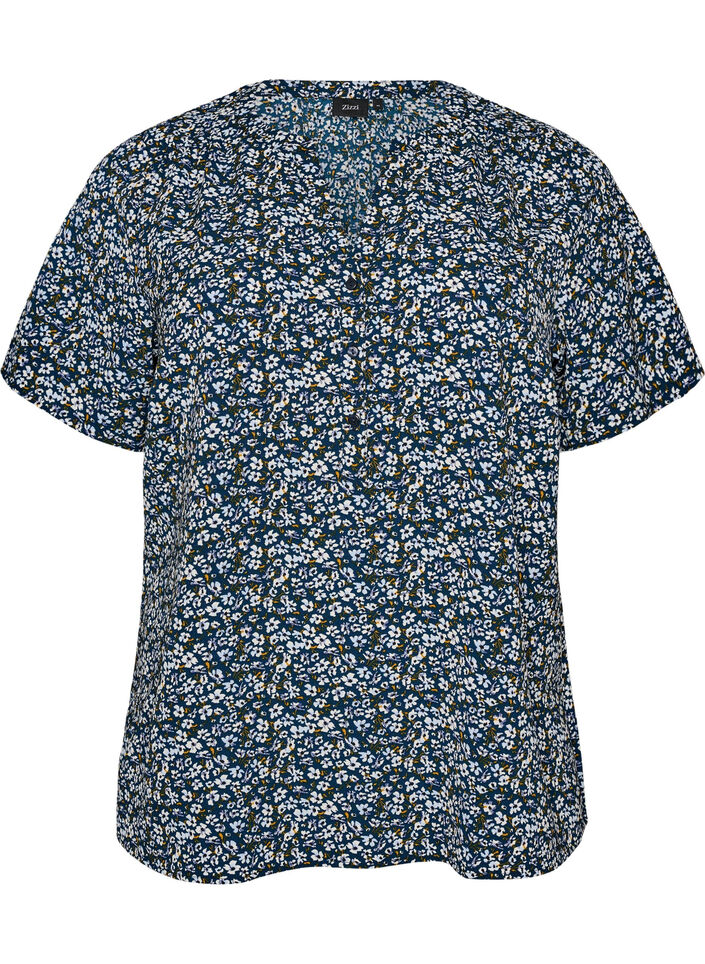 Blouse with short sleeves and v-neck, Blue, Packshot image number 0