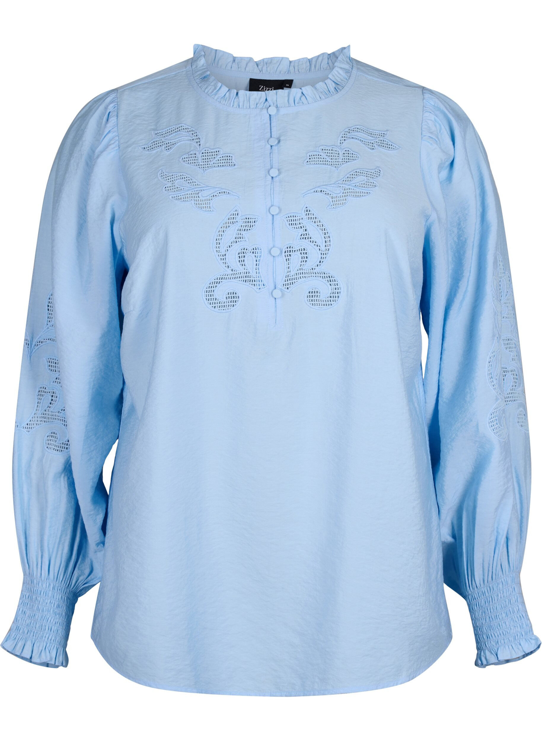 Zizzifashion Blouse with ruffles and broderie anglaise, Chambray Blue, Packshot image number 0