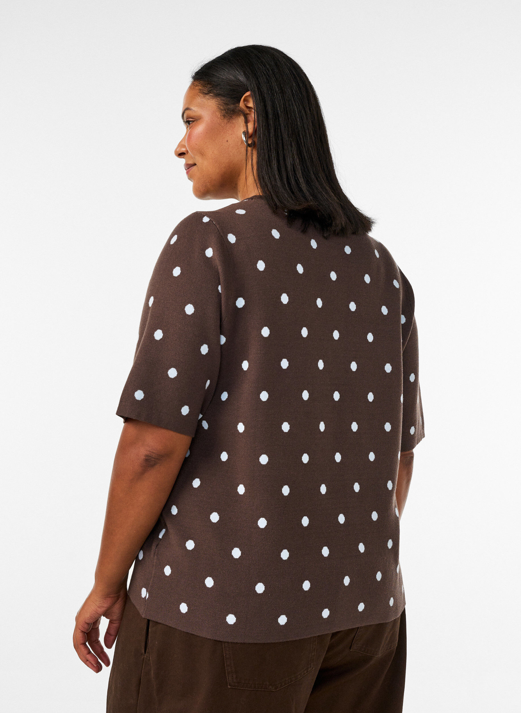 ZizzifashionShort-sleeved knitted blouse with polka dots, Brown, Model image number 2