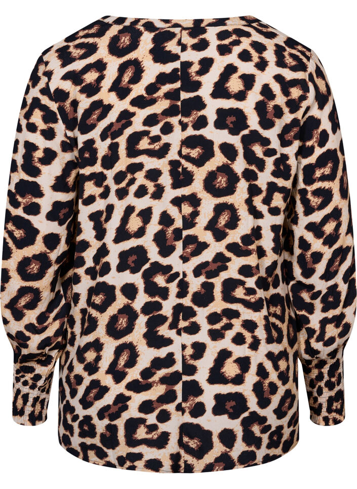 Printed viscose top with smock, Leo AOP, Packshot image number 1