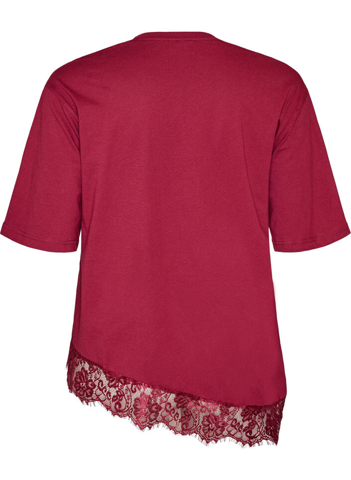 T-shirt with asymmetric lace hem, Red, Packshot image number 1