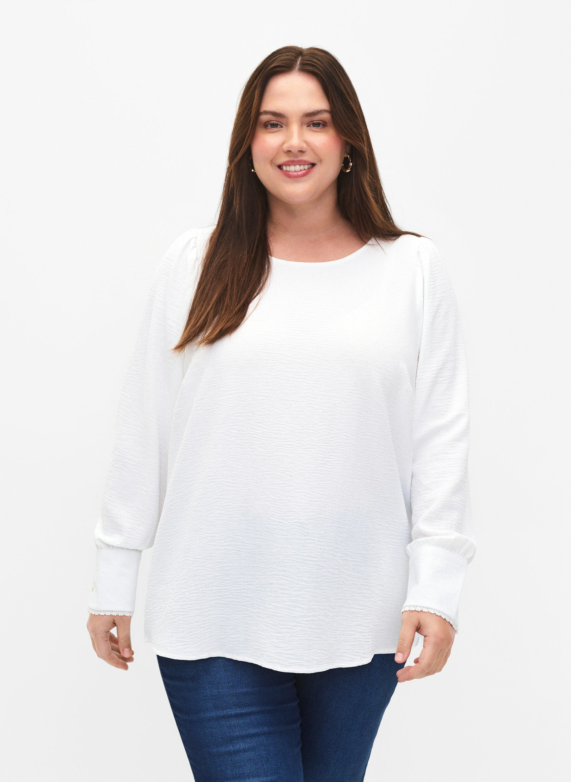 Zizzifashion Long-sleeved blouse with texture, Bright White, Model image number 0