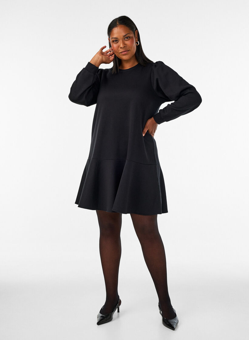 Sweatshirt dress with ruffle layers and A-line shape, Black, Model image number 1
