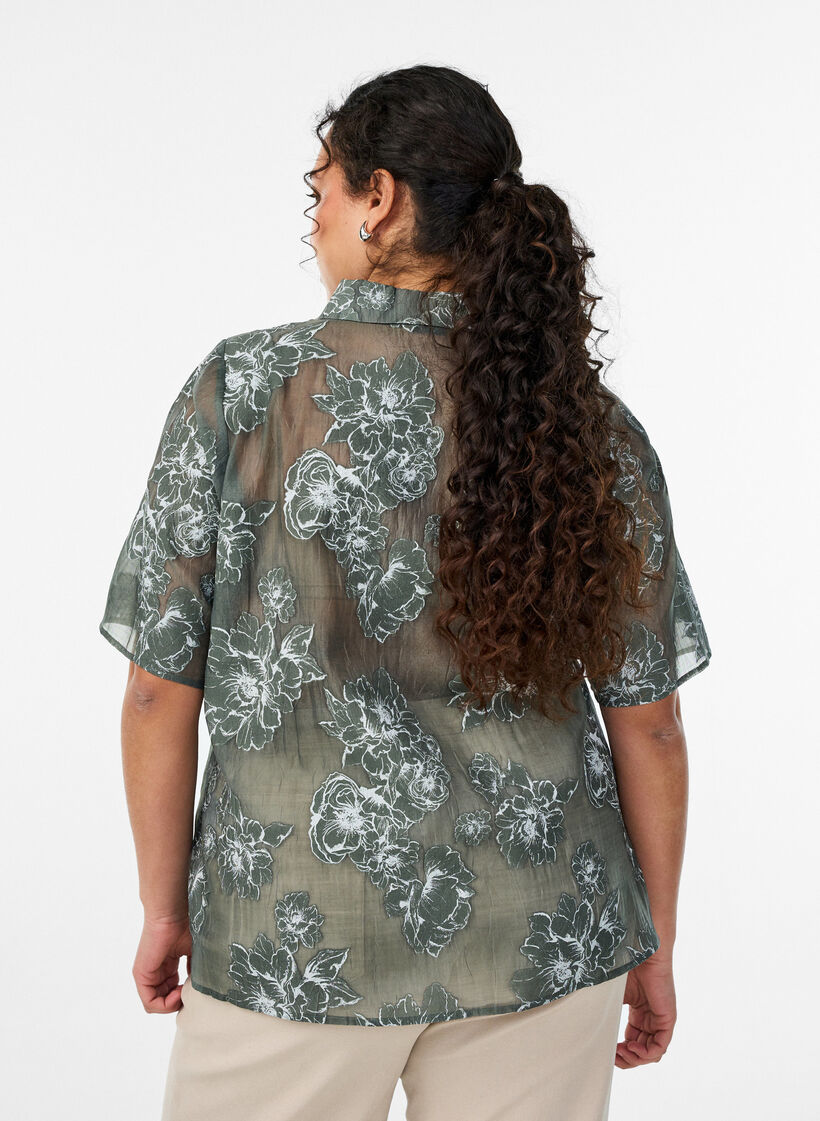 Sheer shirt blouse with floral print, Green, Model image number 2