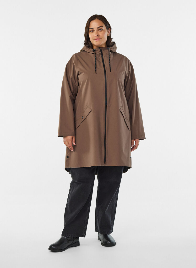 Rain jacket with pockets and a hood, Brown, Model image number 1