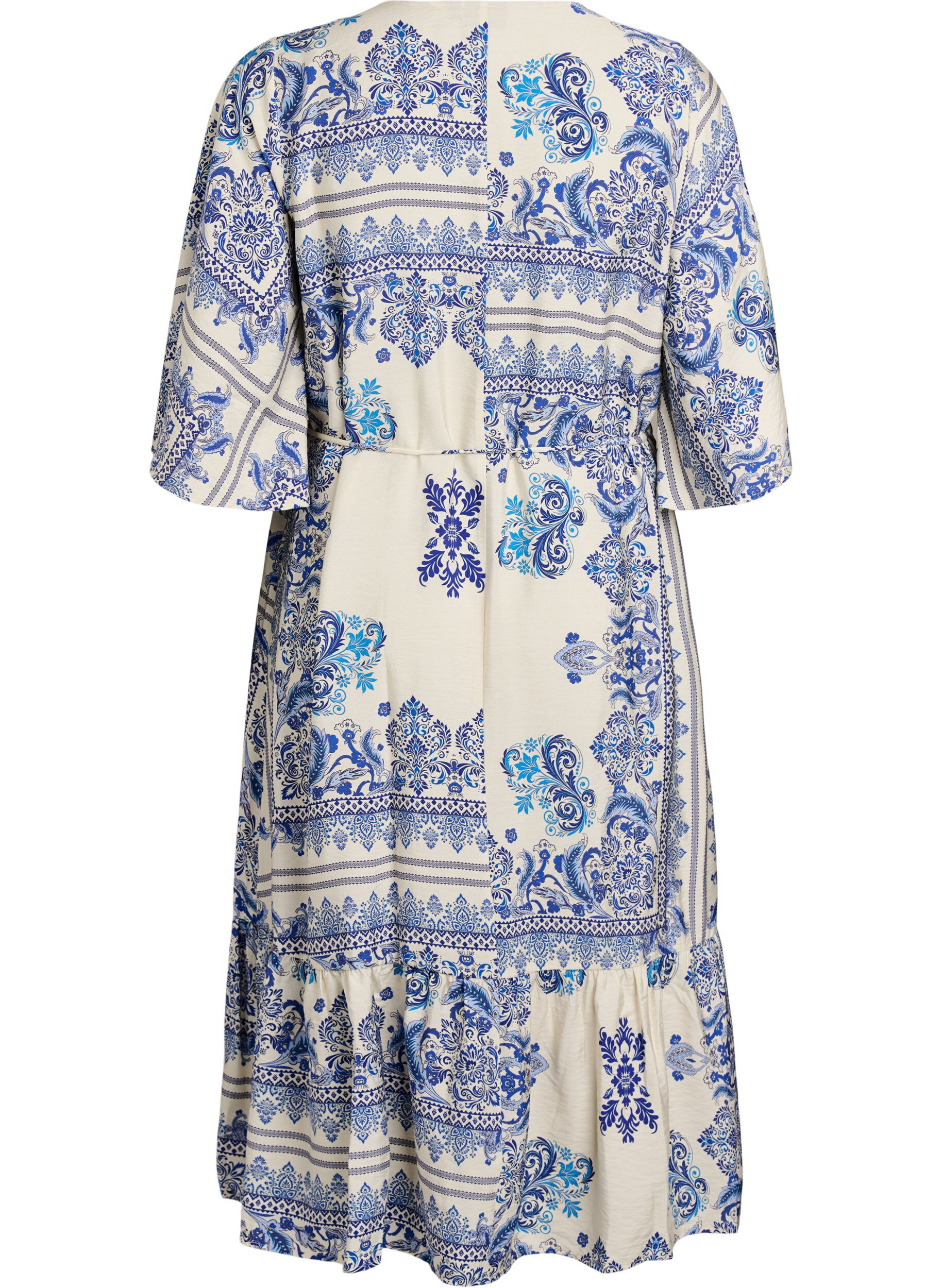 Zizzifashion Patterned midi dress in viscose with tie belt, Blue, Packshot image number 1