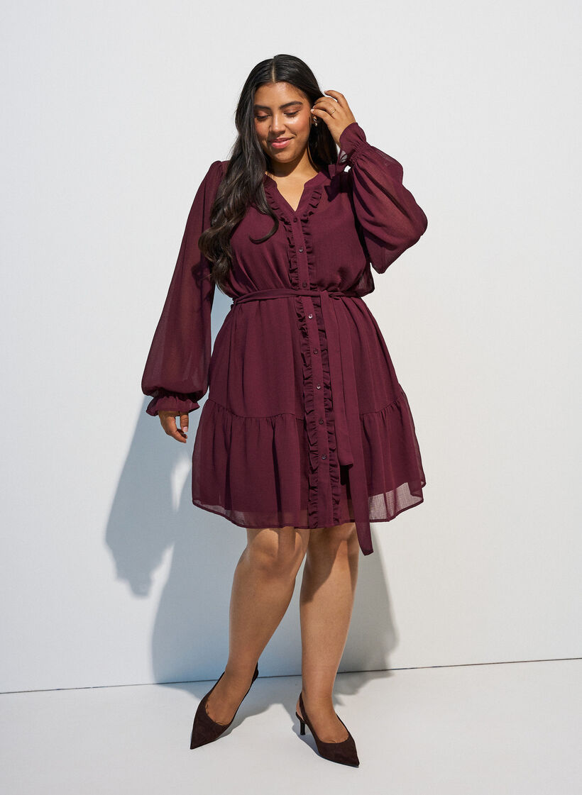 Dress in a lightweight woven fabric with ruffles and a tie-belt, Red, Model image number 1