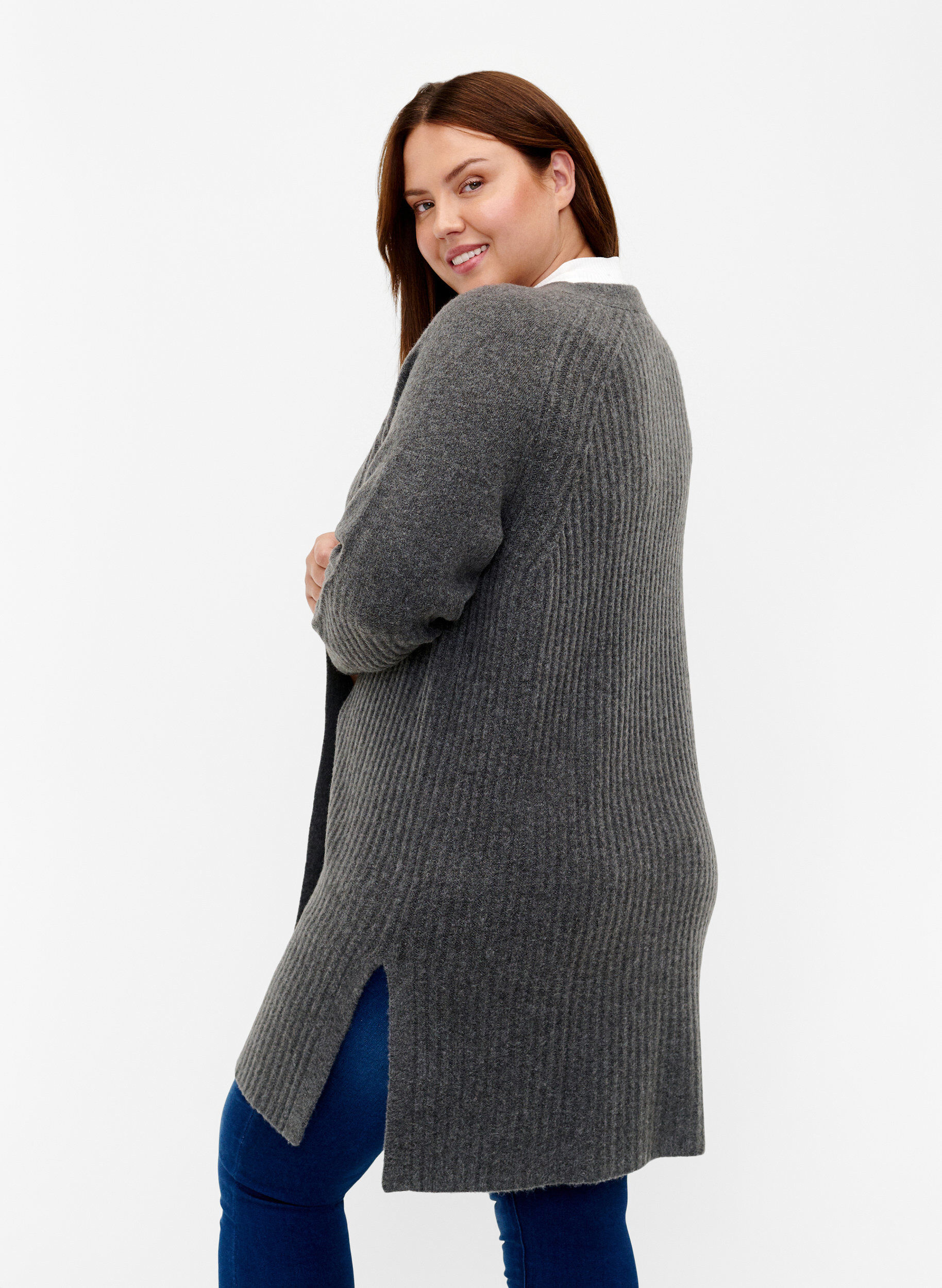 Zizzifashion Long rib-knit cardigan, Dark Grey Melange, Model image number 1