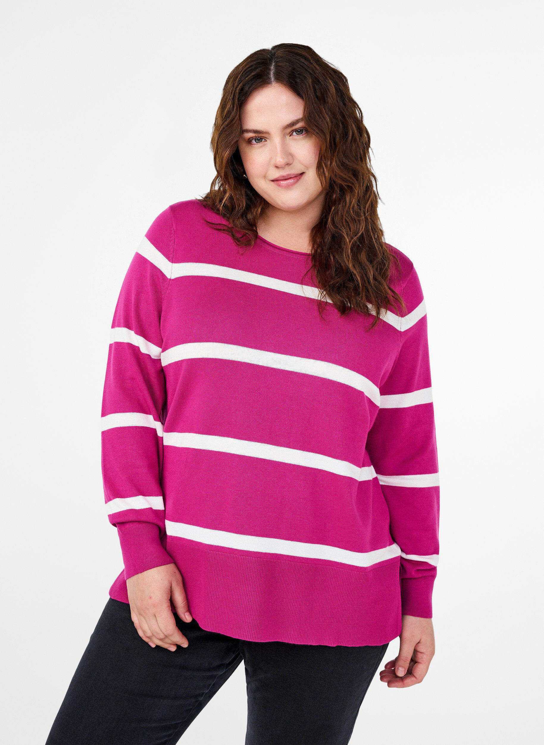 Zizzifashion Knitted viscose blouse with stripes, Pink, Model image number 0