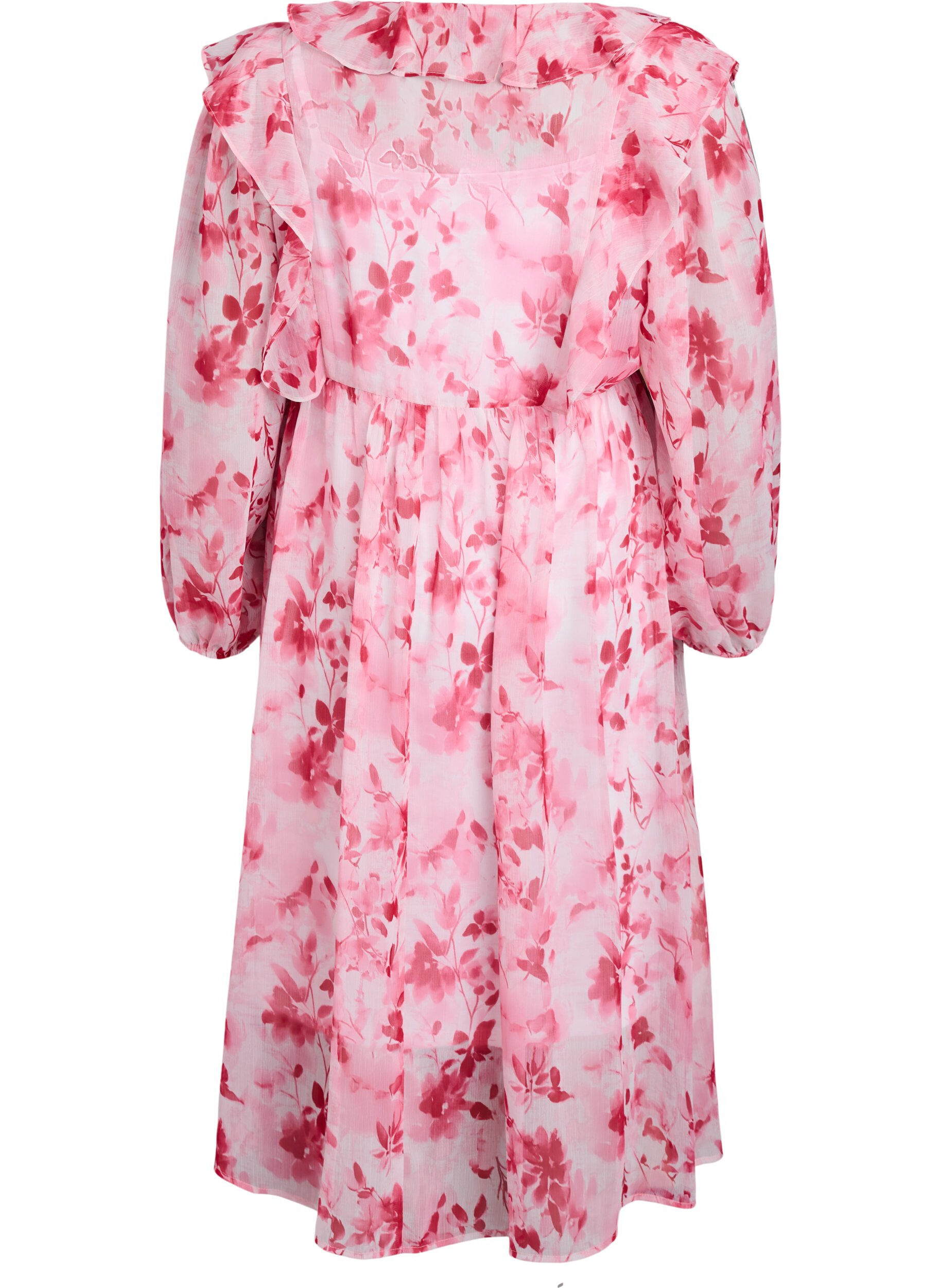 Zizzifashion Floral chiffon dress with ruffles and long sleeves, Pink, Packshot image number 1