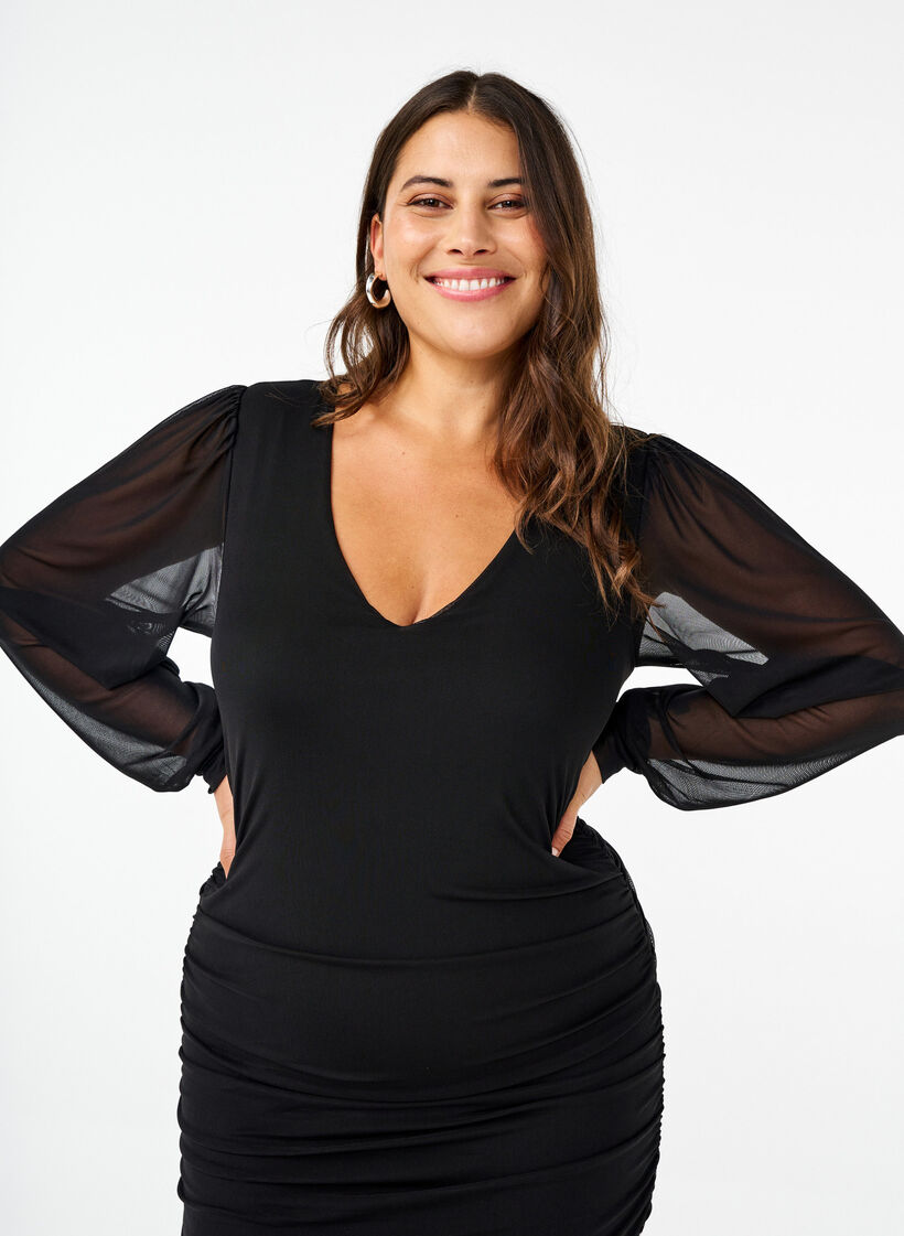 Midi mesh dress with drapes, Black, Model image number 2