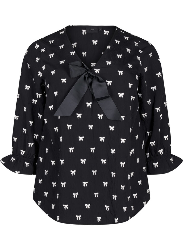 Blouse with bows and 3/4 sleeves, Black White Bow, Packshot image number 0