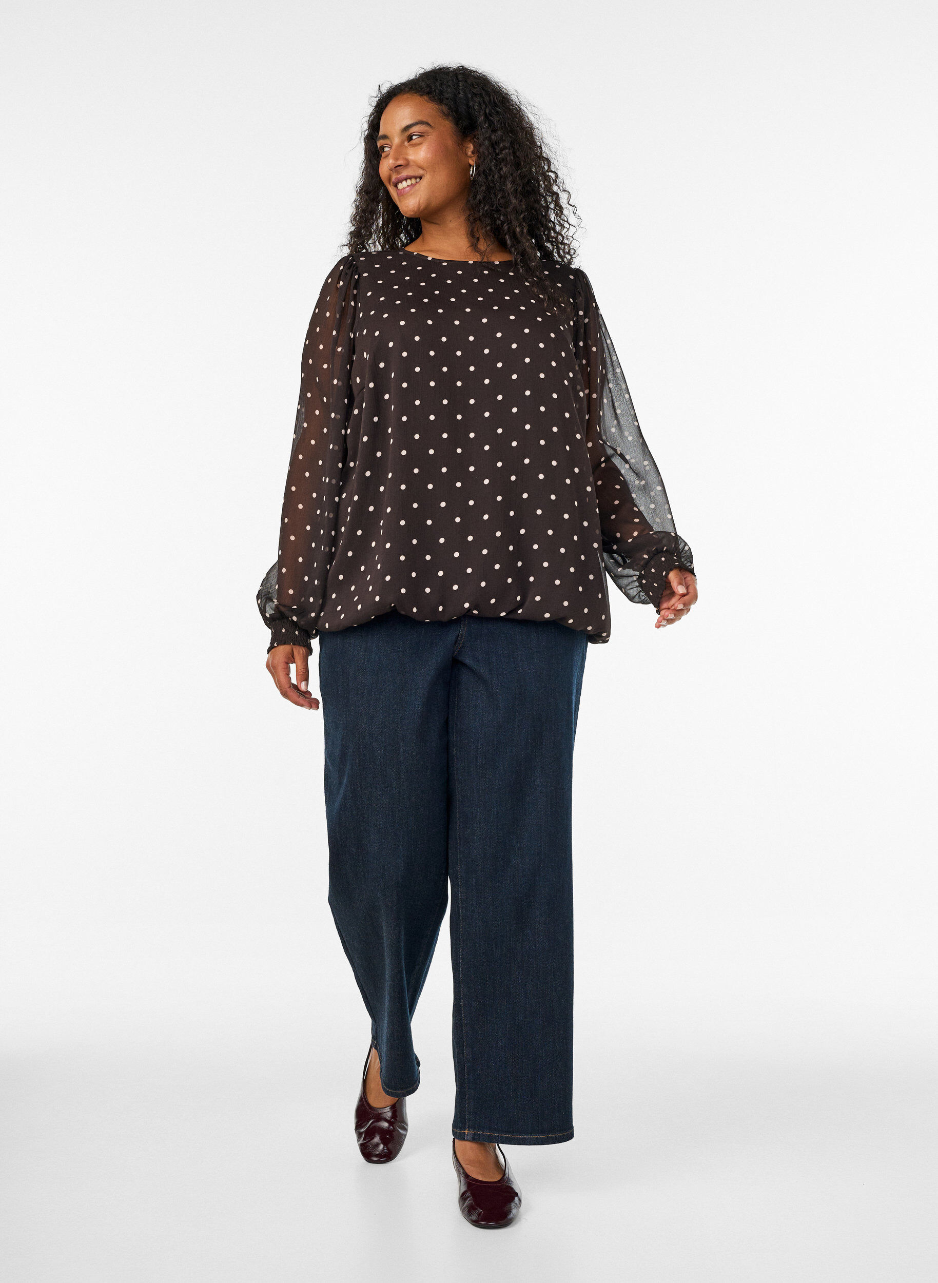 ZizzifashionDotted chiffon blouse with sheer sleeves, Brown, Model image number 1