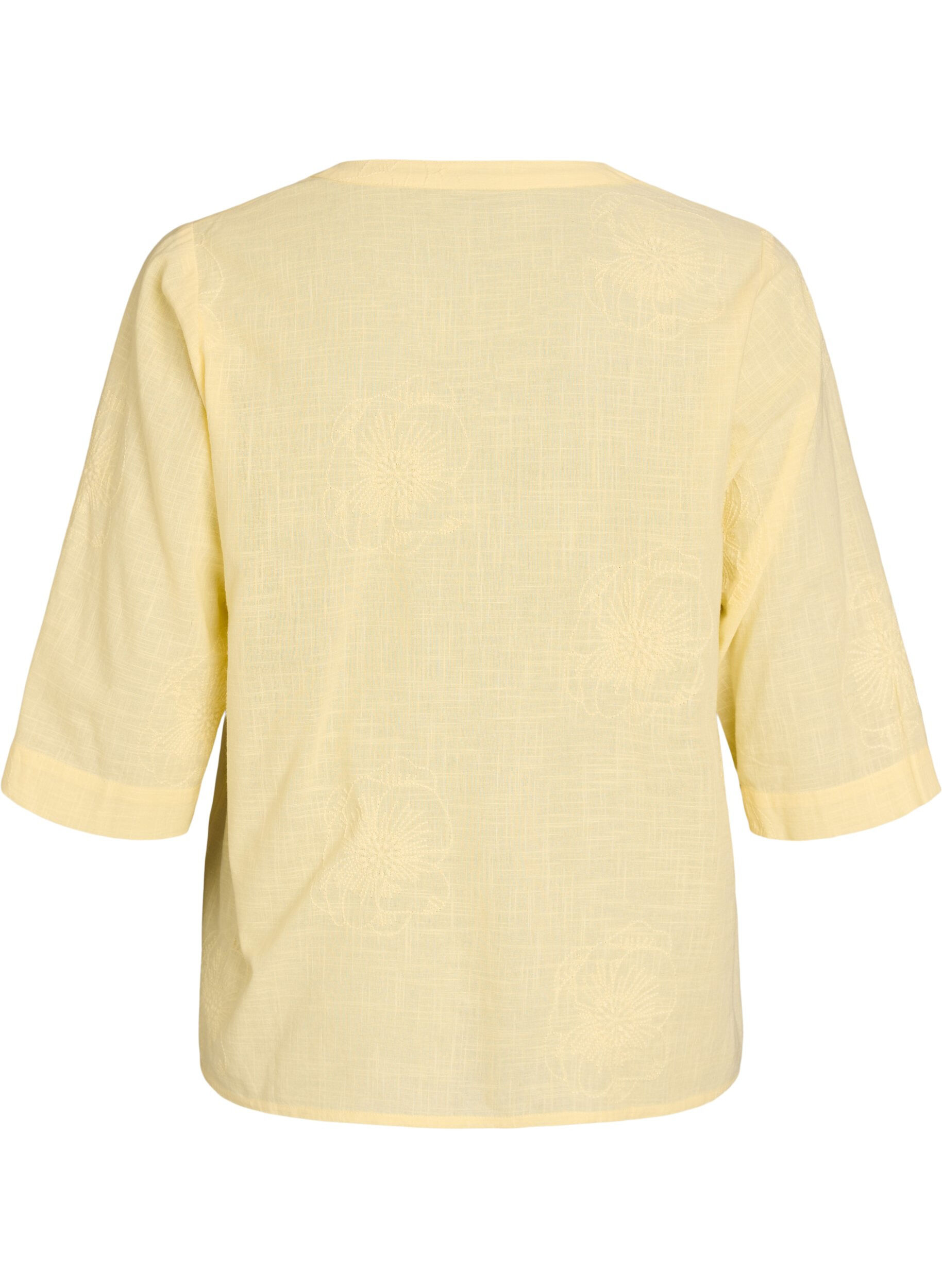 Zizzifashion Cotton blouse with embroidered details and 3/4 sleeves, Yellow, Packshot image number 1