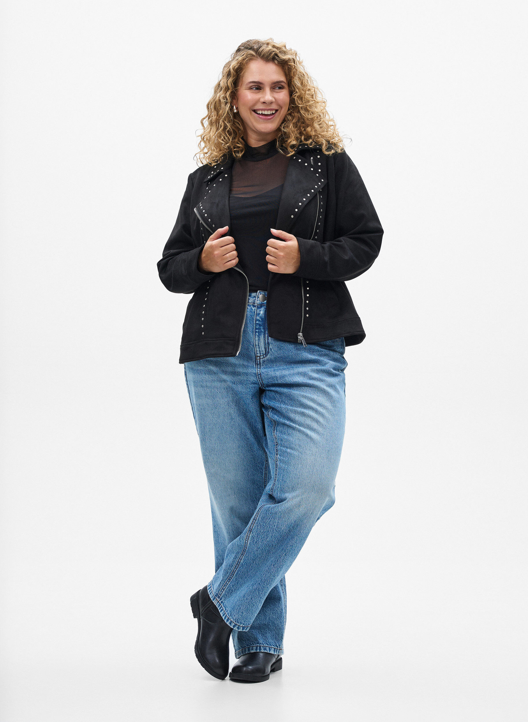 Zizzifashion Faux suede biker jacket with studs, Black, Model image number 1