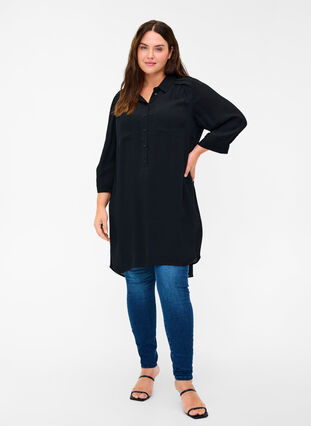 Viscose tunic with buttons and 3/4 sleeves, Black, Model image number 2