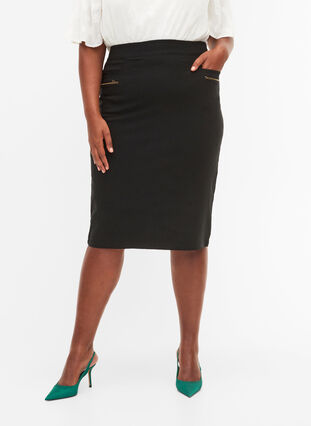 Tight-fitting midi skirt with slit, Black, Model image number 2