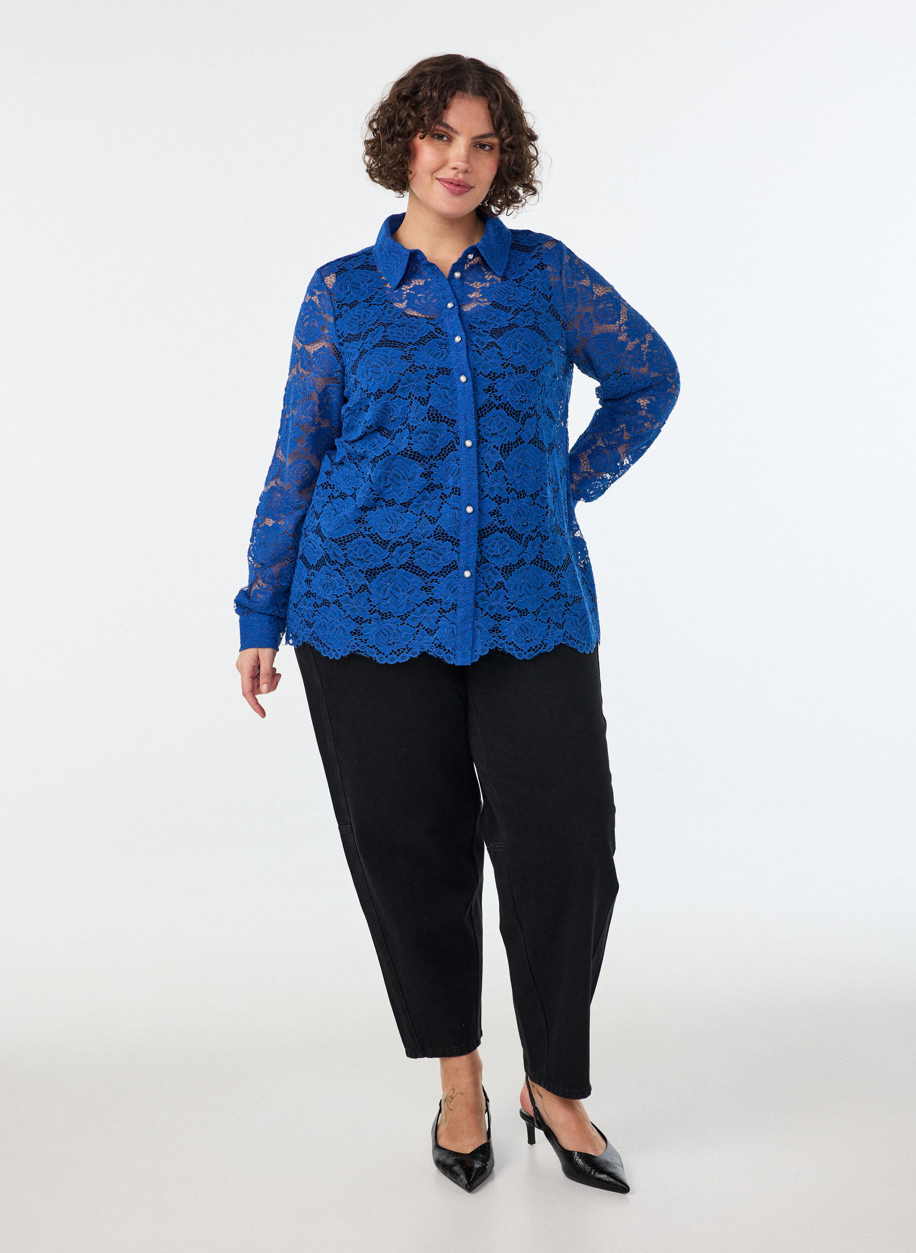 ZizzifashionLace shirt with pearl buttons, Blue, Model image number 1