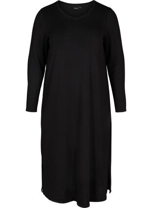 Plain dress with long sleeves and slit, Black, Packshot image number 0