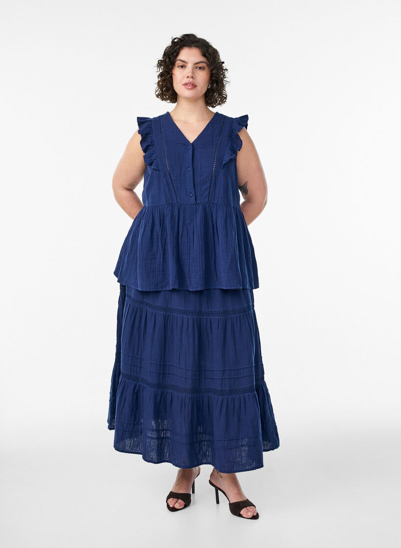 Sleeveless cotton muslin blouse with ruffles, Blue, Model image number 1