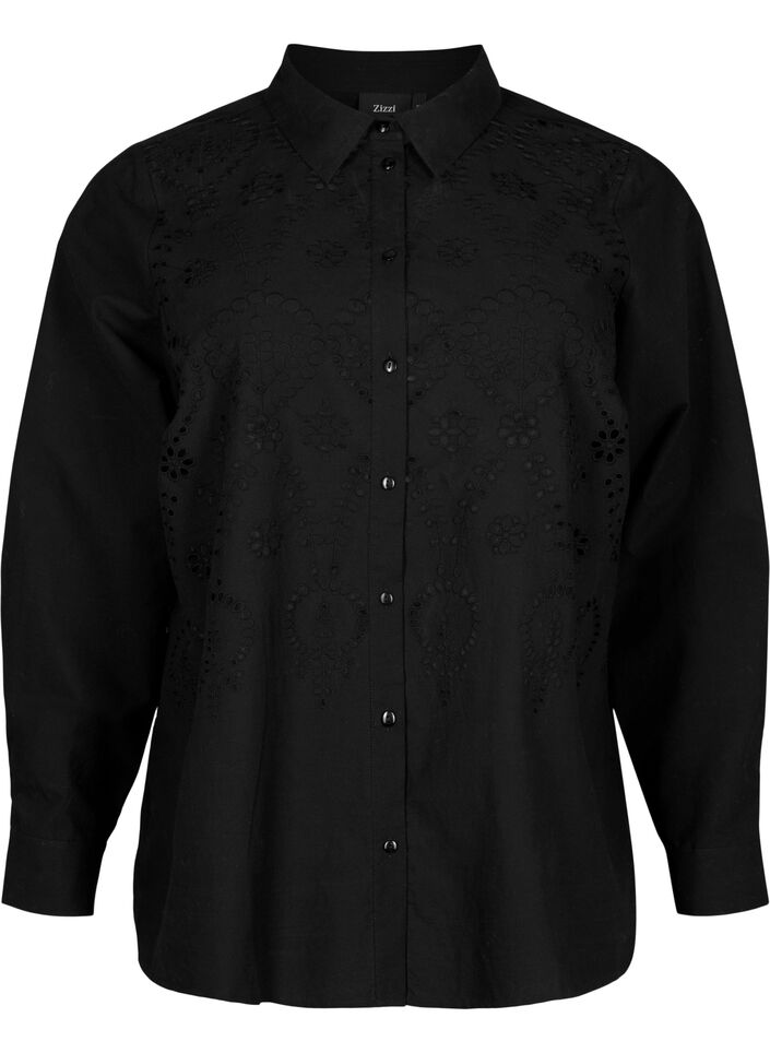 Cotton shirt with broderie anglaise, Black, Packshot image number 0