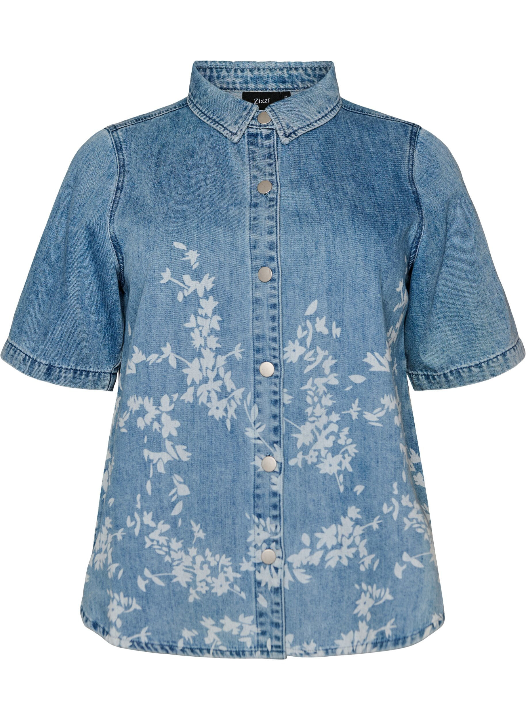 Zizzifashion Denim shirt with floral print and short sleeves, Light Blue, Packshot image number 0