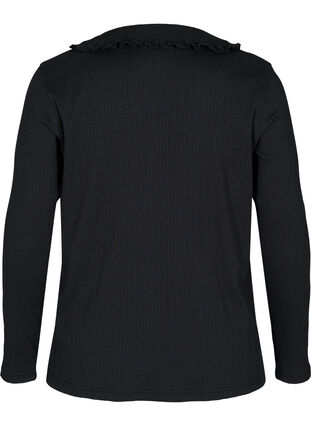 Long-sleeved ribbed blouse with ruffled collar, Black, Packshot image number 1