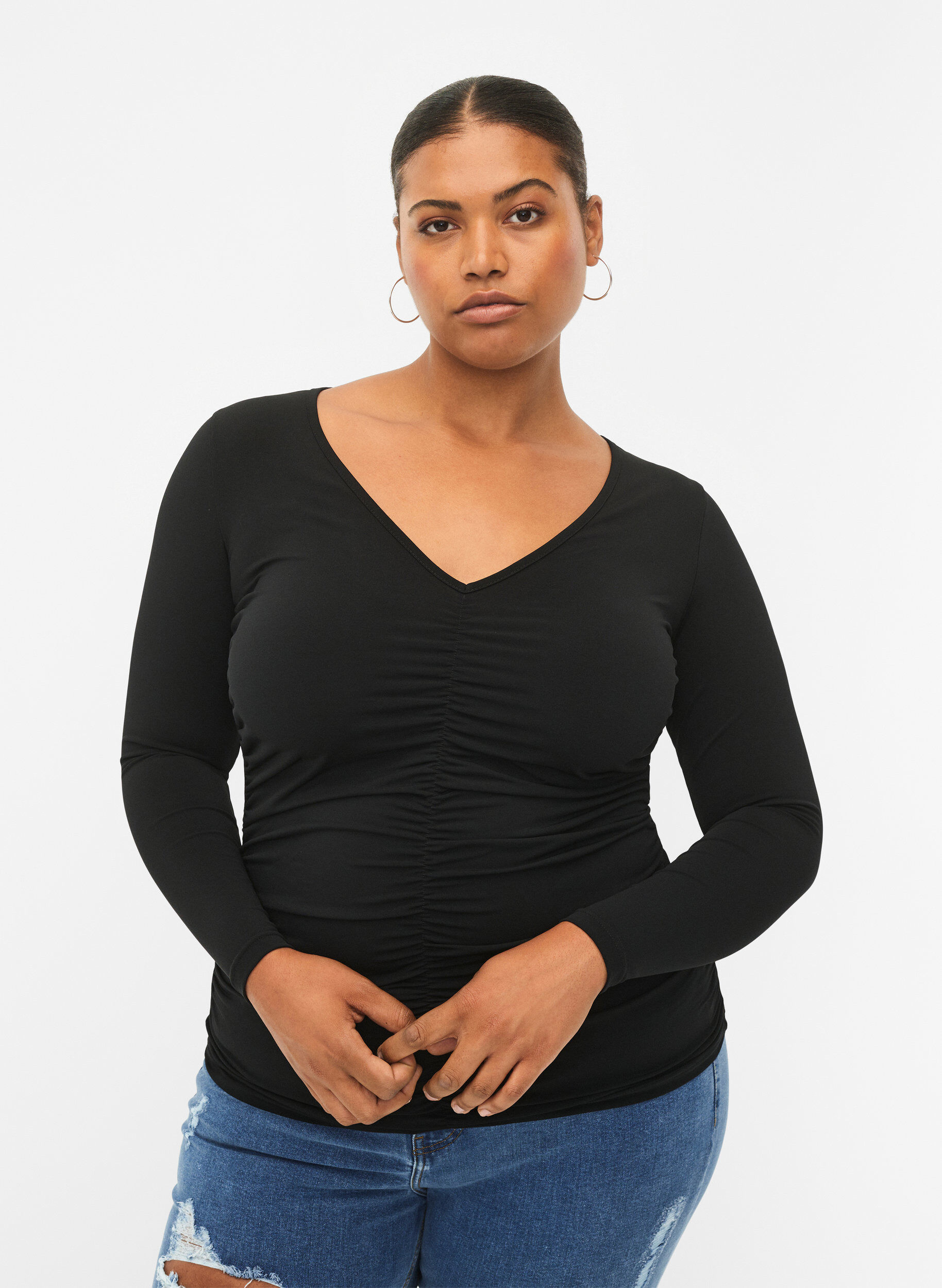 Zizzifashion Blouse with v-neck and draping, Black, Model image number 0