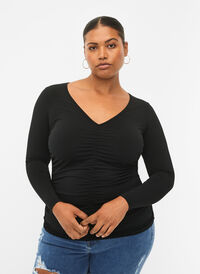 Blouse with v-neck and draping, Black, Model